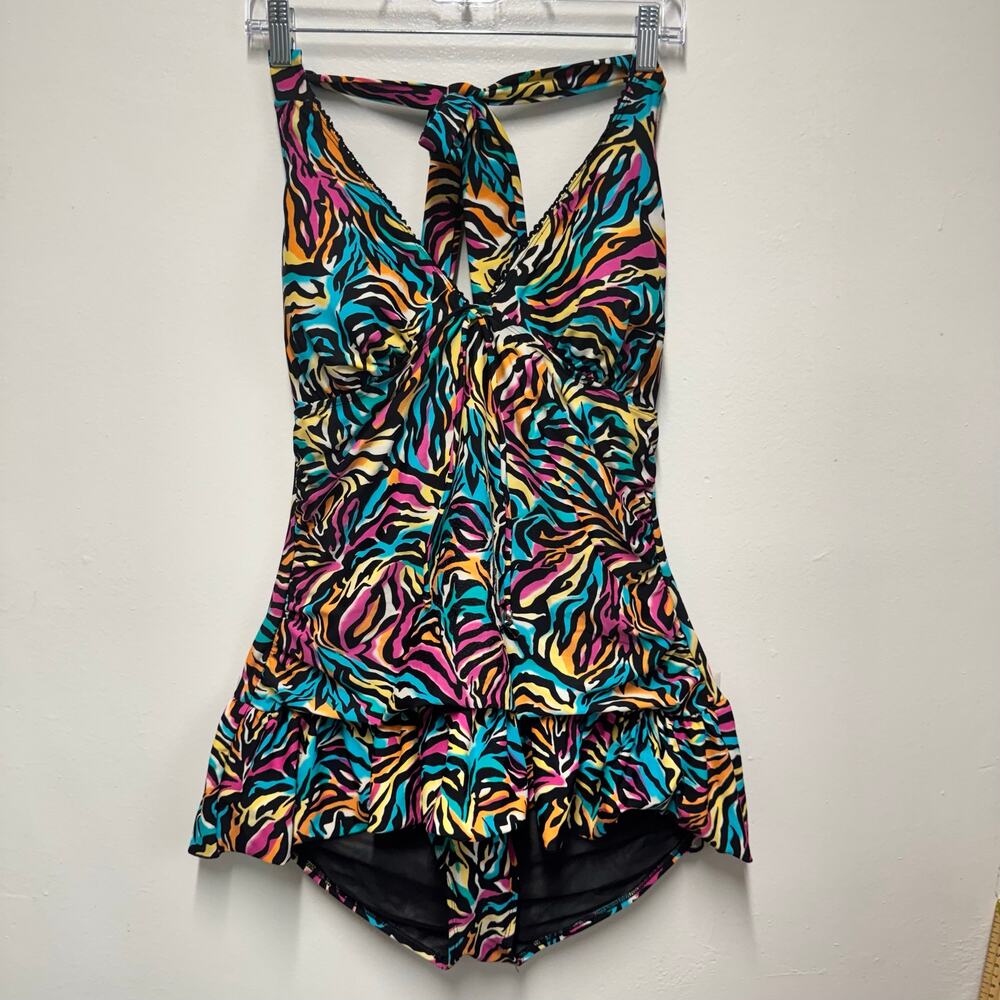 Torrid One Piece Swim Dress Size 1 Colorful Animal Print Halter Skirted Swimsuit